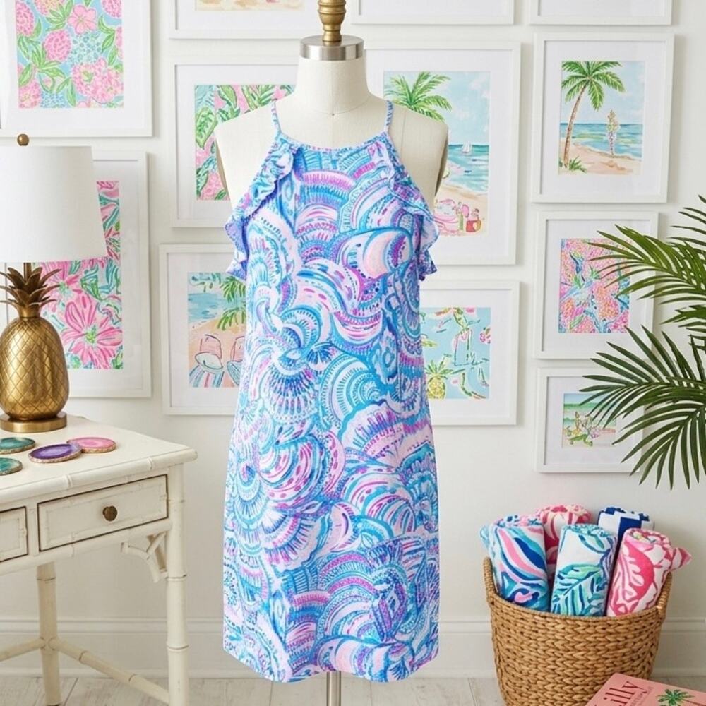 Lilly Pulitzer "Happy As A Clam" Billie Halter Ruffle Shift Dress Size M Coastal